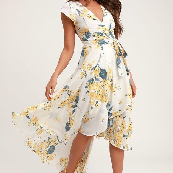 Lulus French Countryside White Yellow Floral Print High-Low Dress Women's Small - Picture 1 of 15